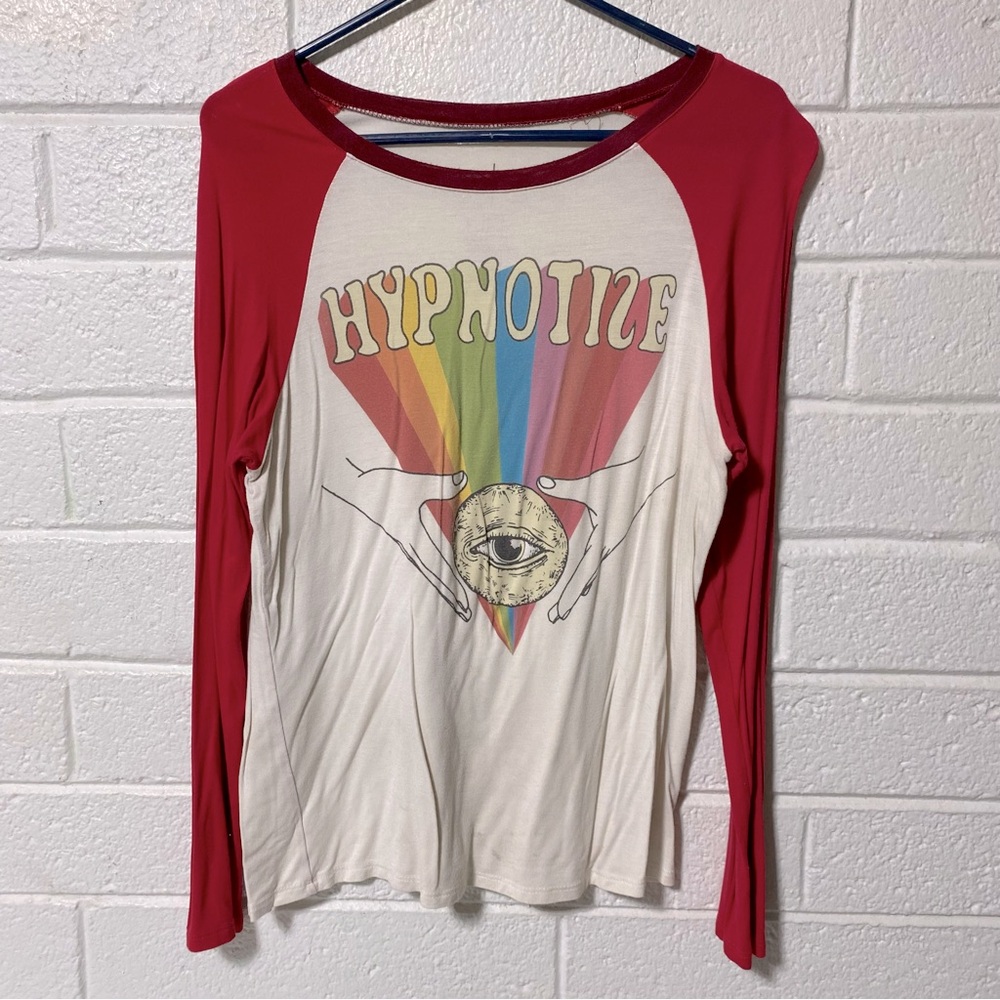 Vintage Unique Rainbow Baseball Tee Hypnotize Logo Red Sleeves Eyeball Women’s M